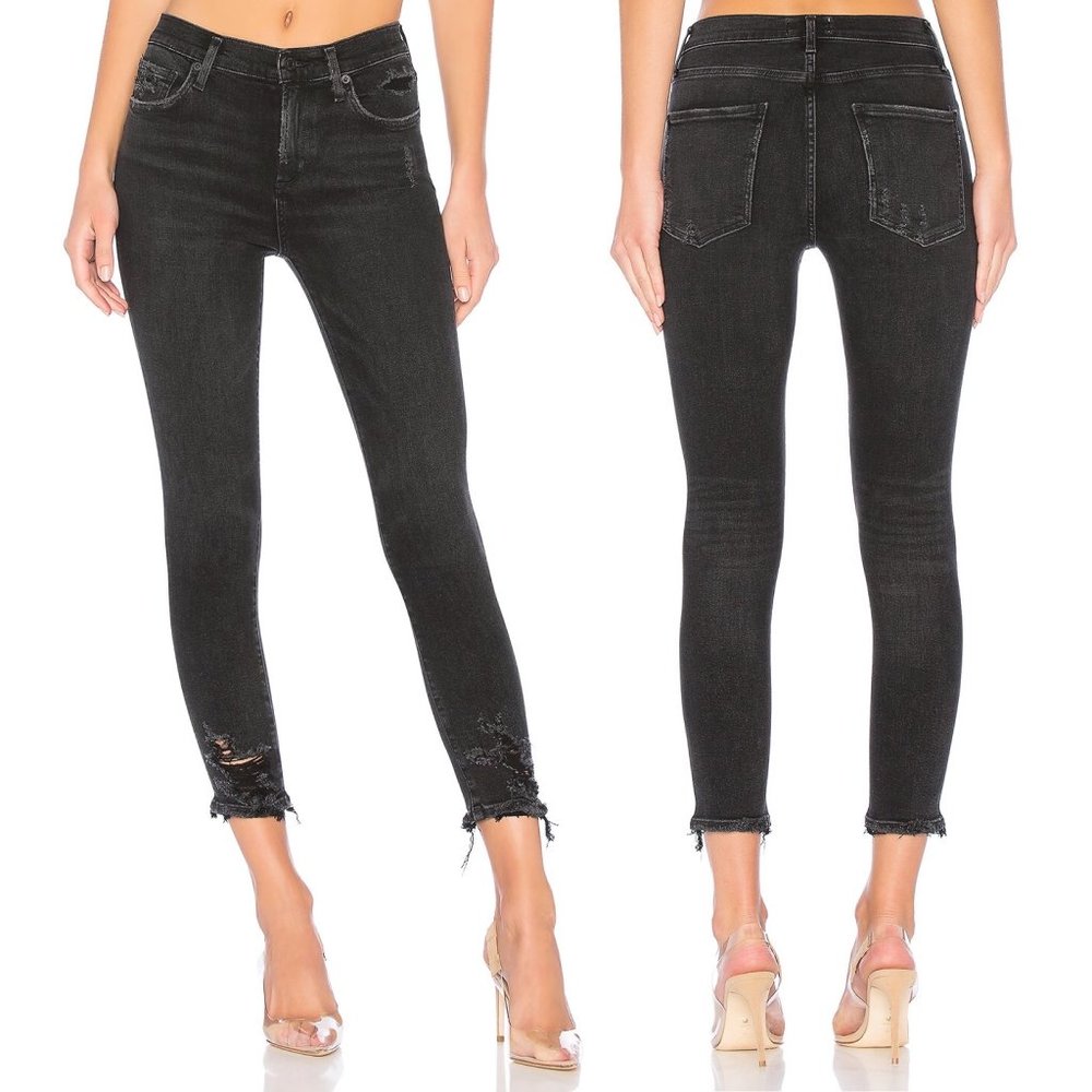 Agolde Sophie High Rise Skinny Distressed Cropped Jeans in Temple Washed Black